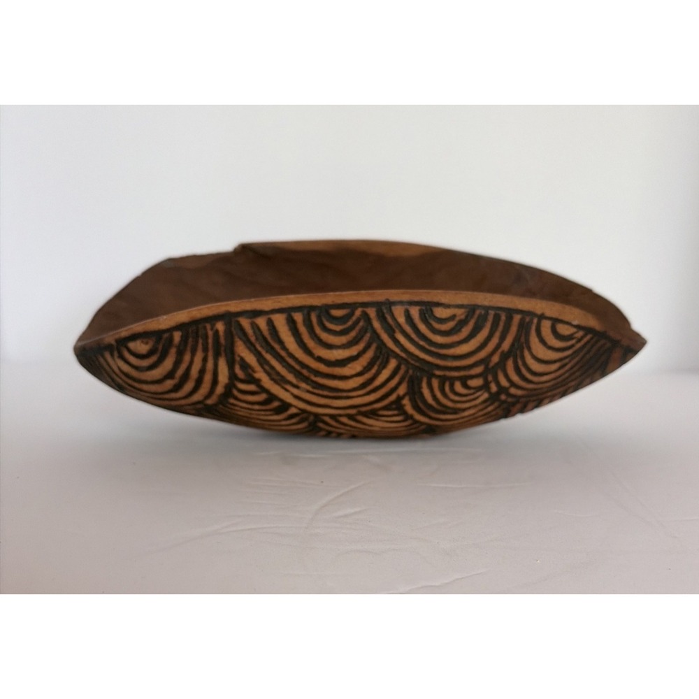 Aboriginal‎ Colamon ? Wood Bowl Burnt Art Decorated Swirl pattern Rustic Vintage